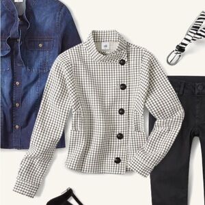 CABI BLACK & WHITE WINDOWPANE OFFSET BUTTON FRONT BLAZER JACKET WOMENS SZ XS